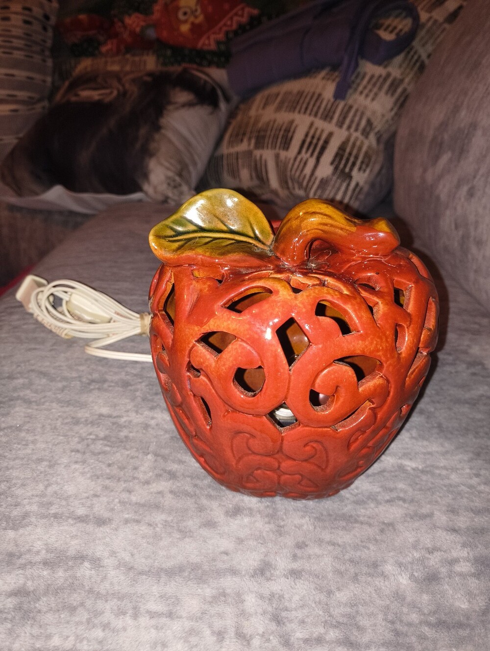 Vintage Ceramic Red Apple Lantern with Leaf Accent